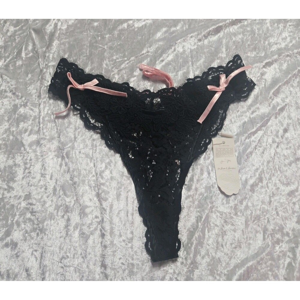 For Love And Lemons Pink Ribbon Black Embroider Lace Thong Panty Size Small NWT